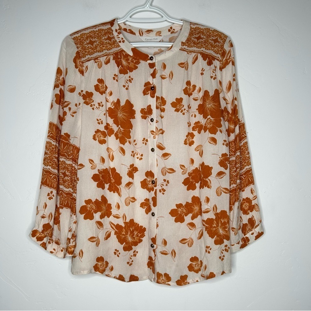 Garnet Hill Orange Cream Floral Button Up Blouse Size Small Fall Autumn